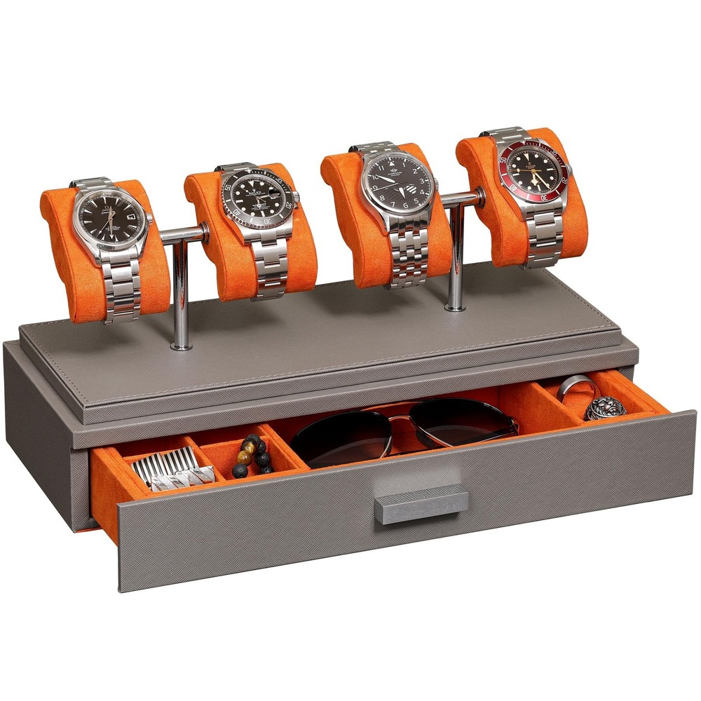 ROTHWELL Luxury Watch Display Case 4 Watches Grey Orange Leather Acrylic Cover